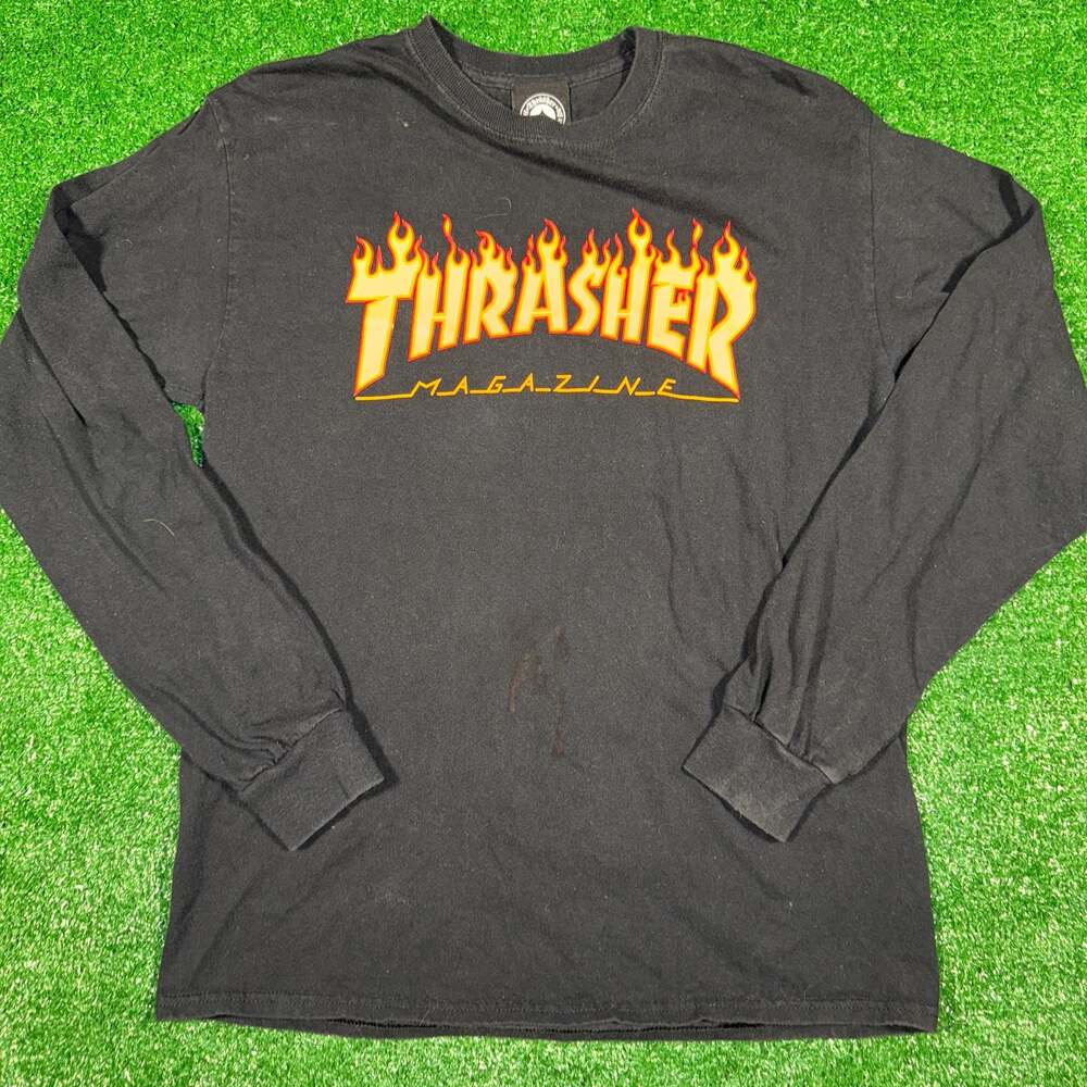 Y2K 2000s Thrasher Magazine Flame Logo Long Sleeve Graphic T-Shirt Black